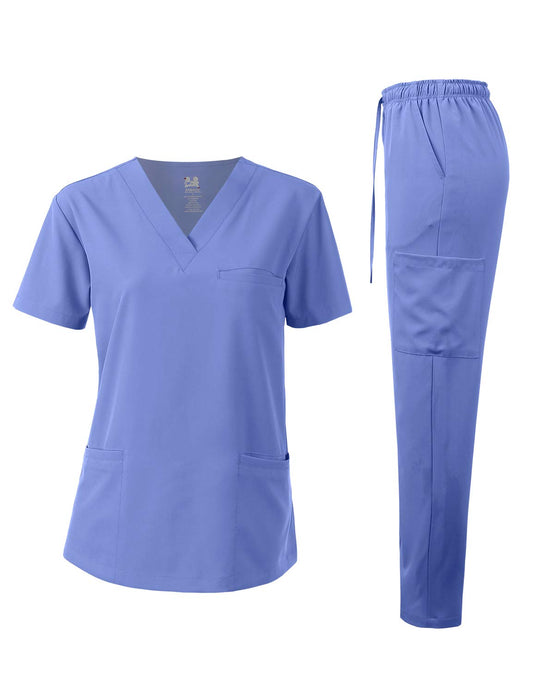 Dagacci Medical Uniform Unisex 4-Way Stretch Scrubs Set Medical Scrubs Top and Pants Ceil Blue XXL